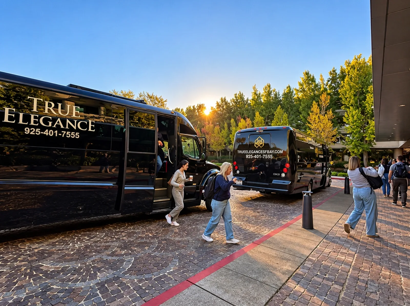 Charter bus drop-off at the Roundhouse, San Ramon — serving San Ramon, CA True Elegance charter buses dropping off a group at the Roundhouse Conference Center in San Ramon, available for charter bus and shuttle service in San Ramon, California