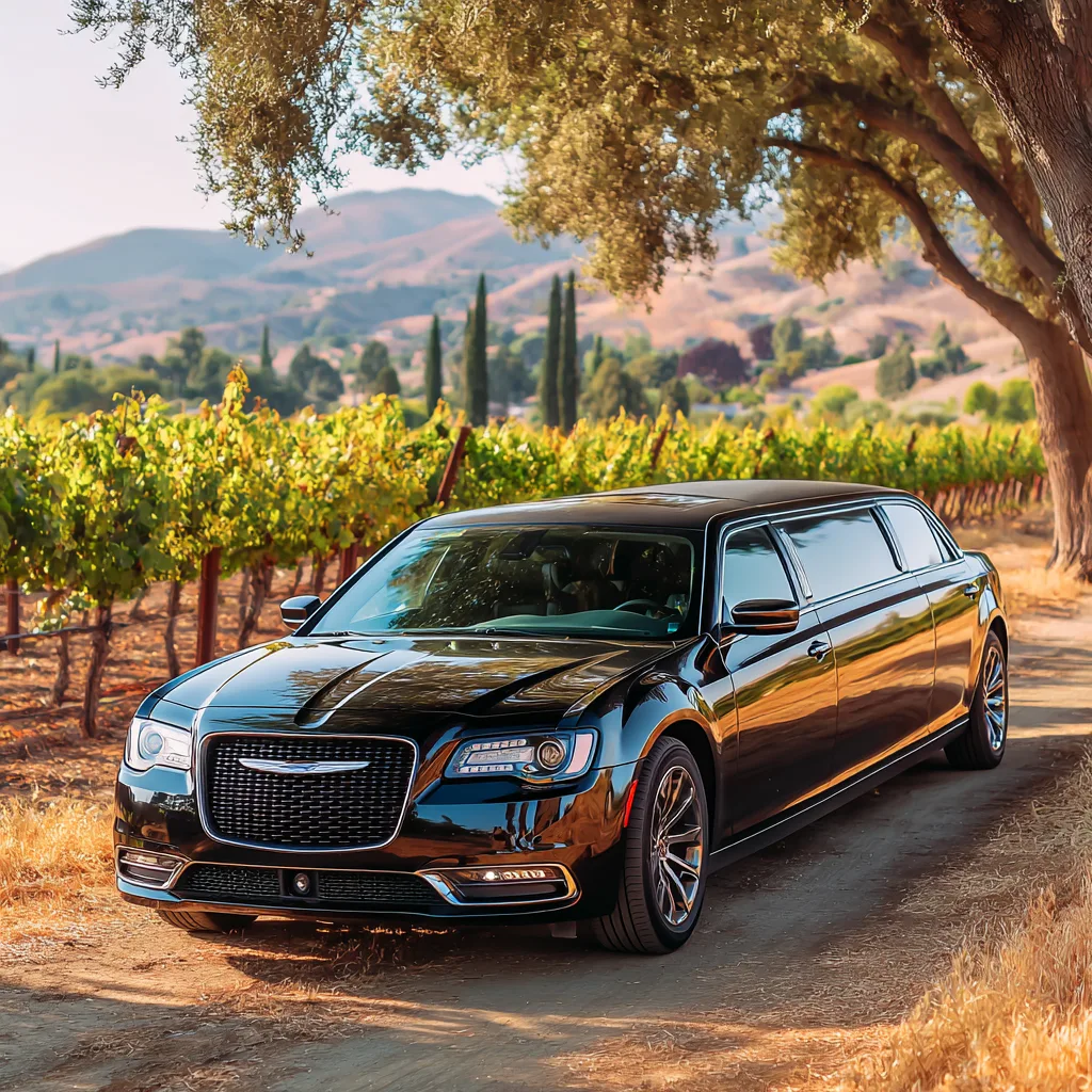 Stretch limousine for Livermore Valley wine tours Black Chrysler stretch limousine parked beside Livermore Valley vineyard rows for a private wine country tour
