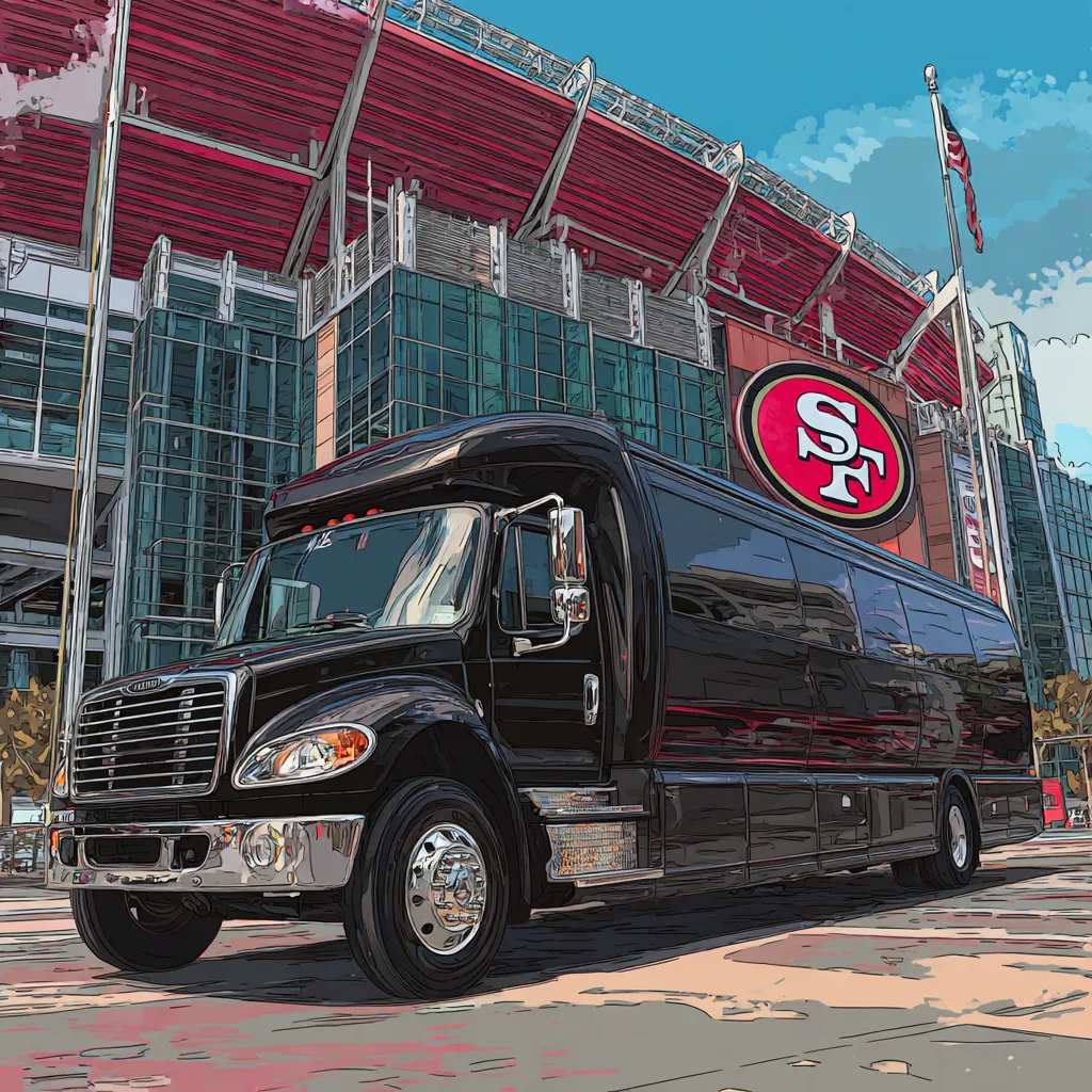 Executive shuttle bus for game day and group events Black Freightliner executive shuttle bus parked outside a San Francisco Bay Area stadium before a group event