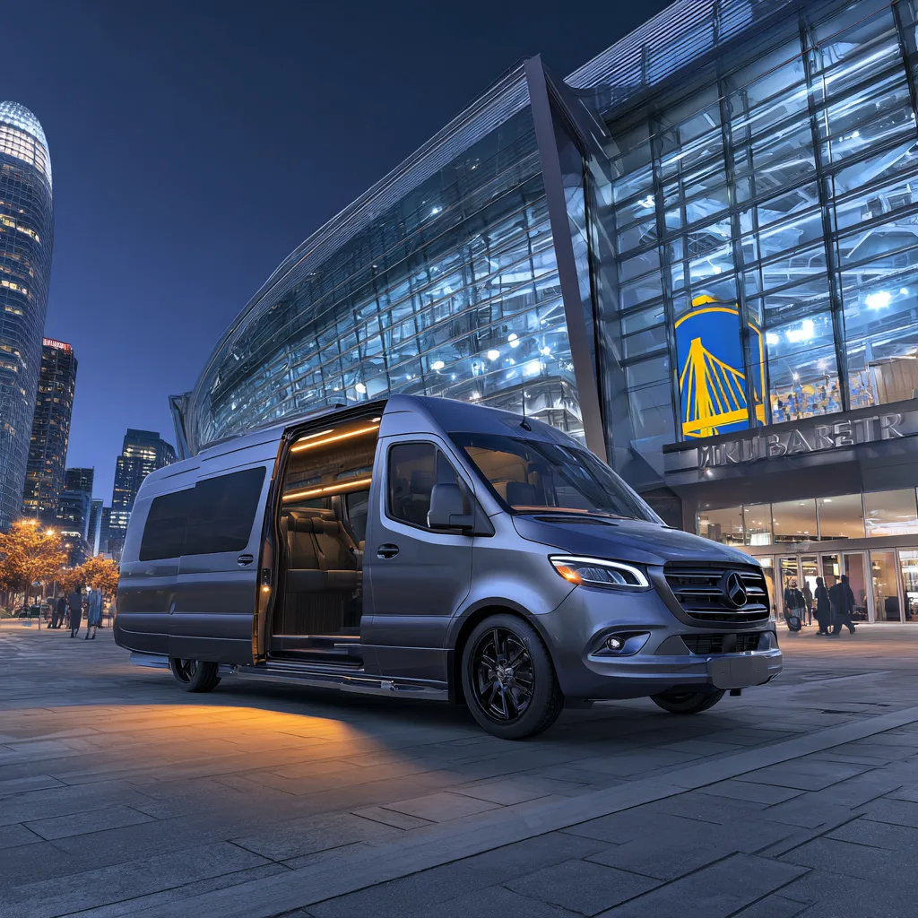 Sprinter limo for concerts and arena events Black Mercedes Sprinter limo with open doors outside a San Francisco Bay Area arena before a concert or game