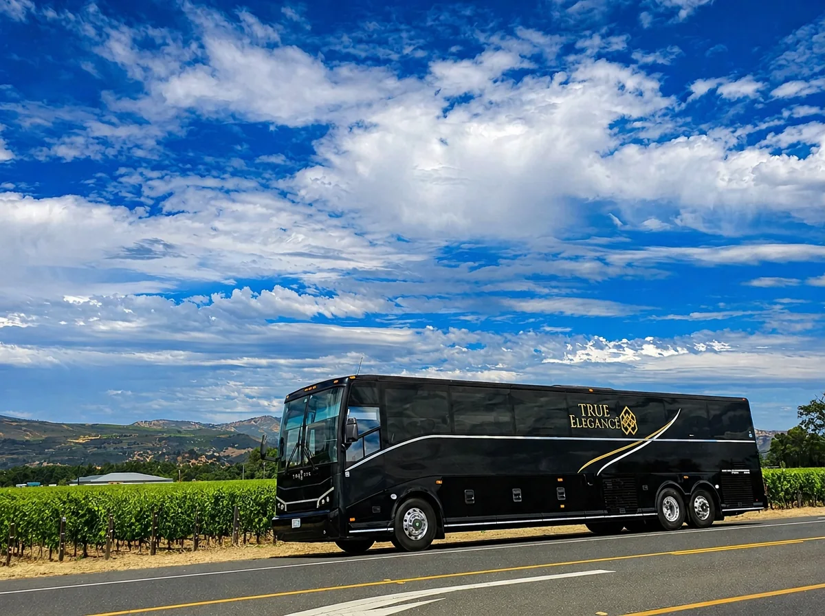 Tri-Valley vineyard charter bus Black True Elegance charter bus beside a Livermore Valley vineyard under a blue sky