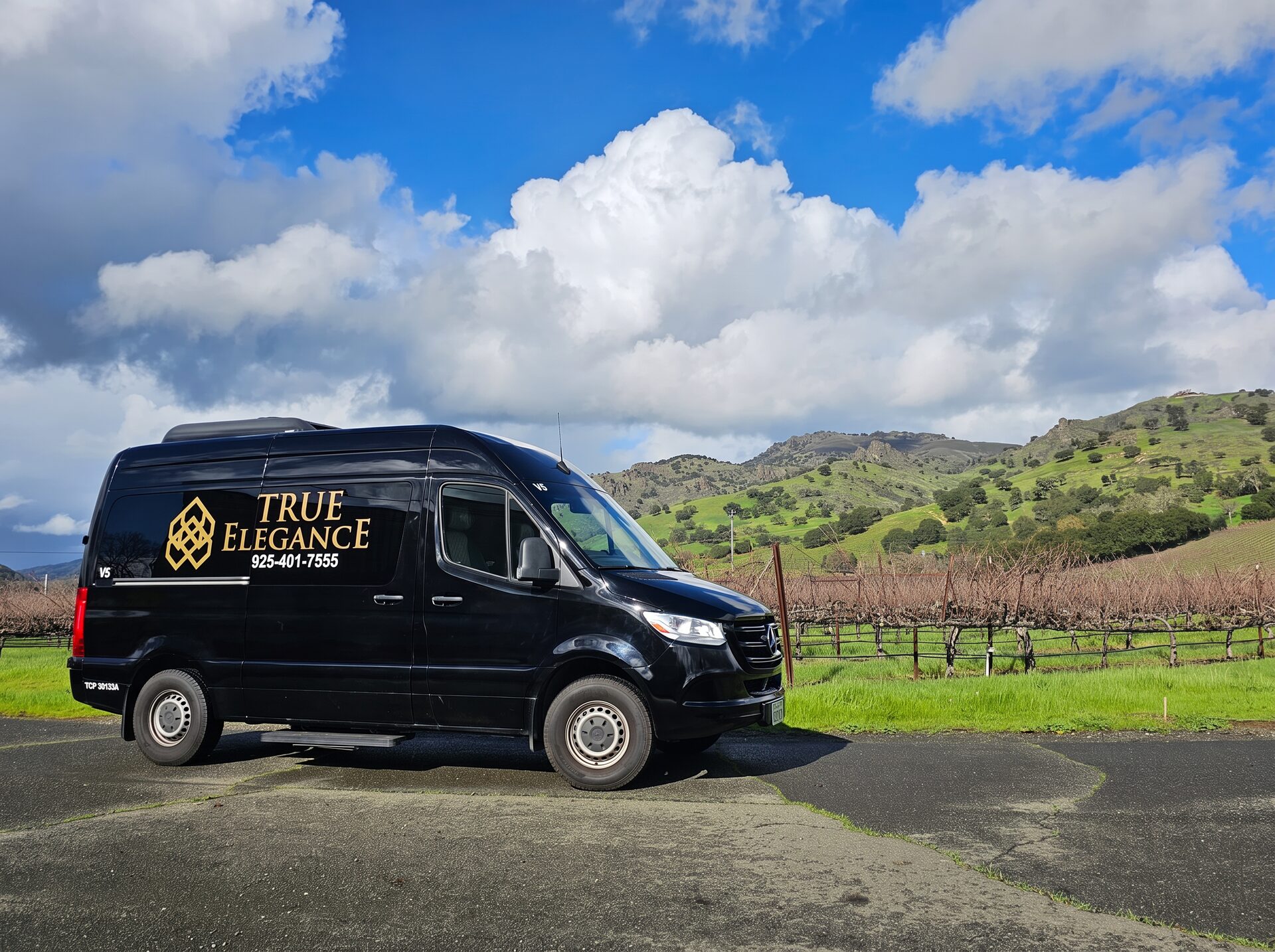 Mercedes Sprinter executive van Black True Elegance Mercedes-Benz Sprinter van parked in front of green Tri-Valley vineyard hills