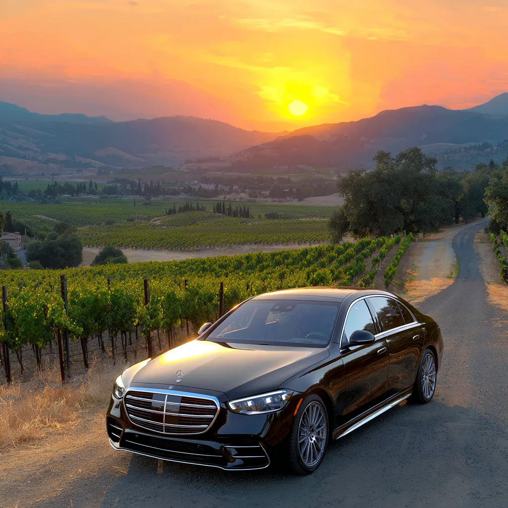 Mercedes S-Class sedan for Tri-Valley wine tours Black Mercedes-Benz S-Class luxury sedan overlooking Tri-Valley vineyards at sunset near Pleasanton and Livermore