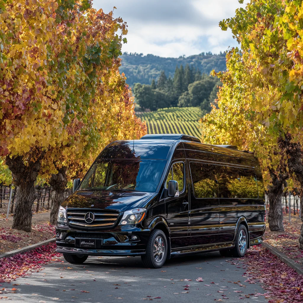 Sprinter limo for harvest season wine tours Black Mercedes Sprinter limo driving through autumn vineyards during Northern California harvest season