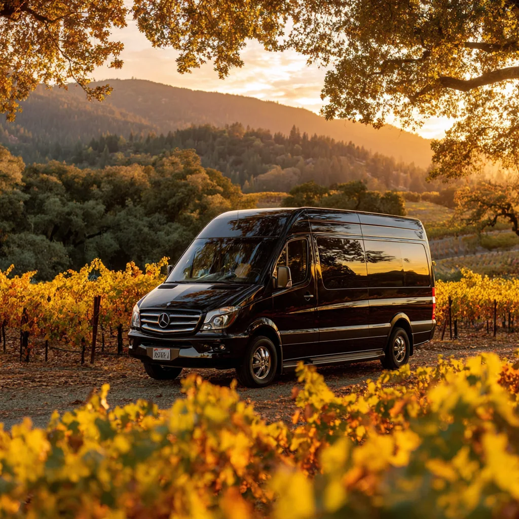 Luxury Sprinter van for Napa and Sonoma wine tours Black Mercedes luxury Sprinter van in a golden Napa Valley vineyard at sunset for a private wine tour