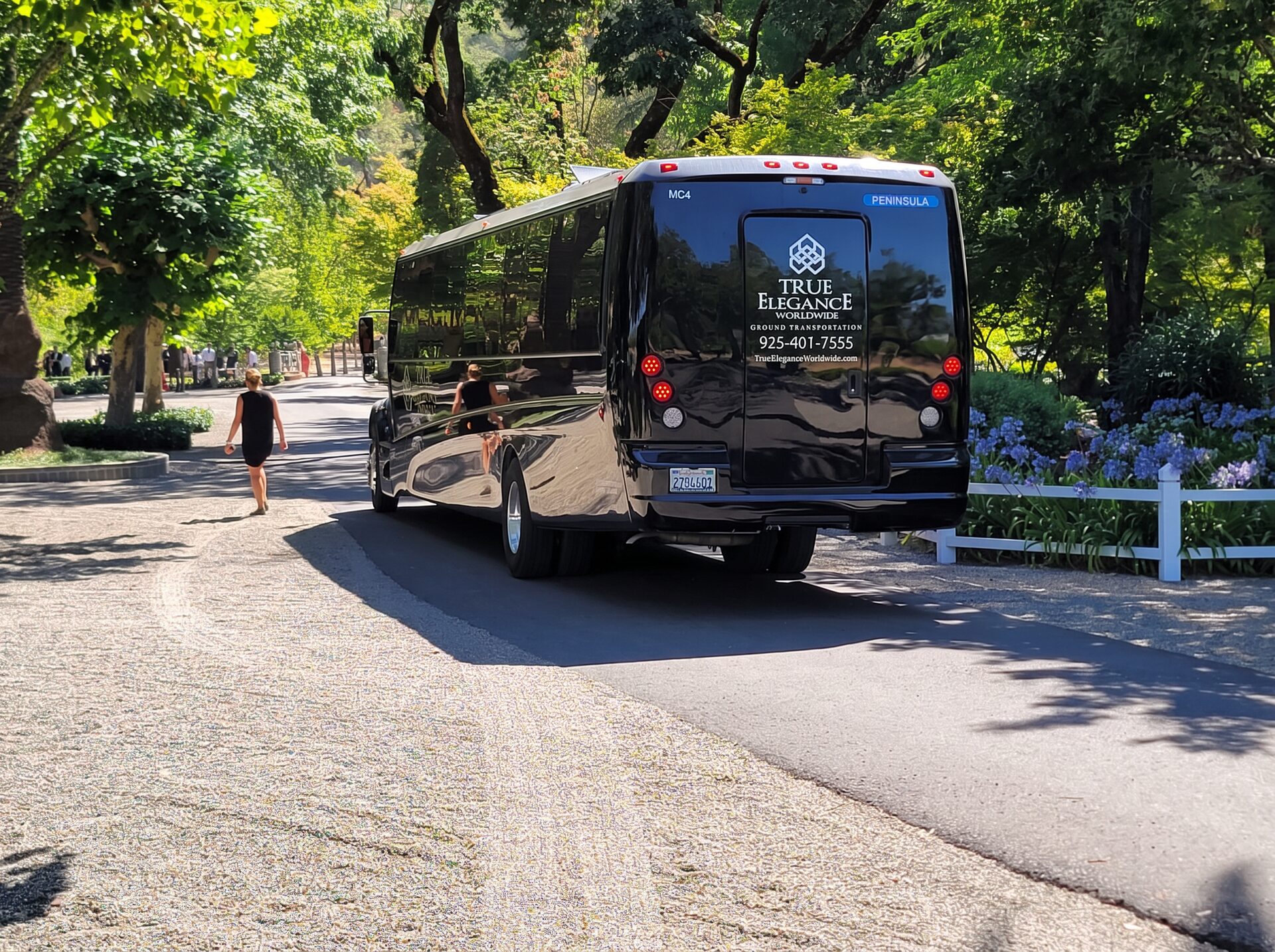 Motorcoach at a winery Black True Elegance mini motorcoach arriving on a tree-lined winery driveway for a group event