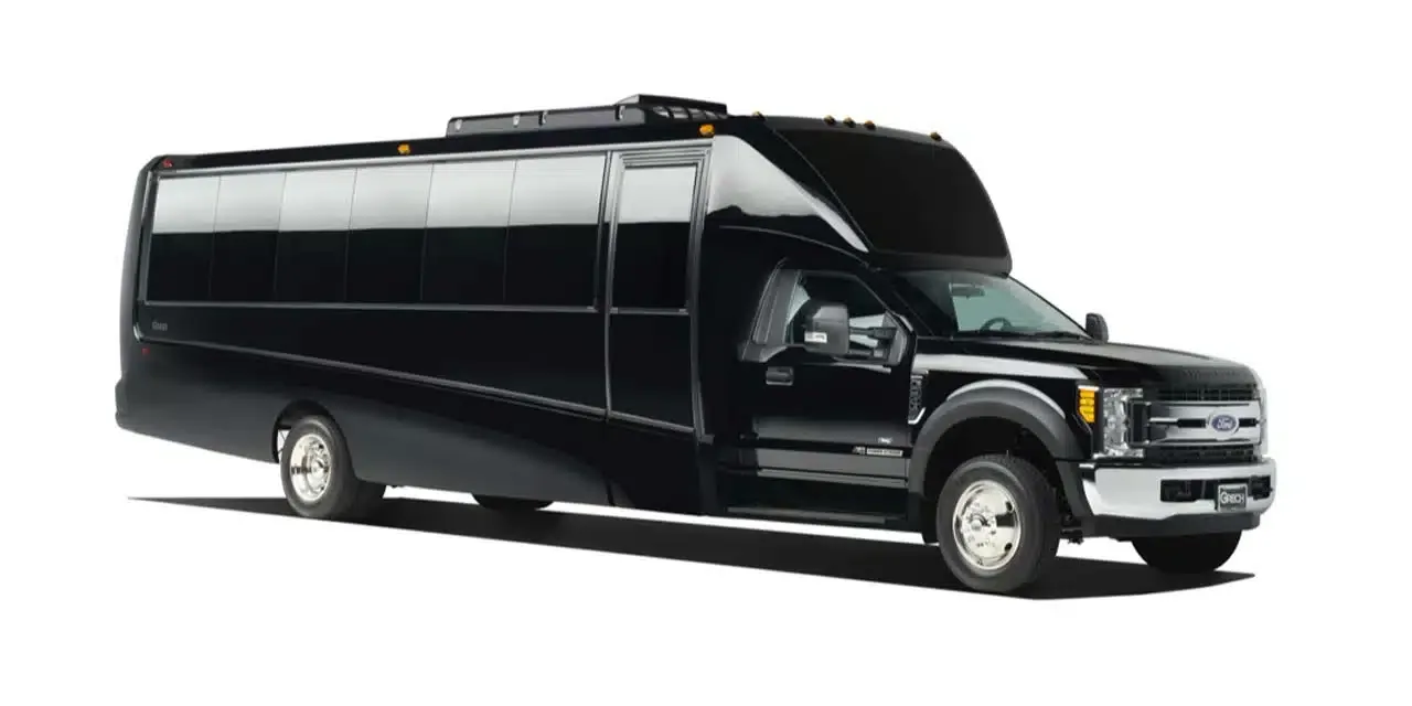 Black Grech GM33 executive shuttle bus for corporate commuter and event transportation in the Tri-Valley