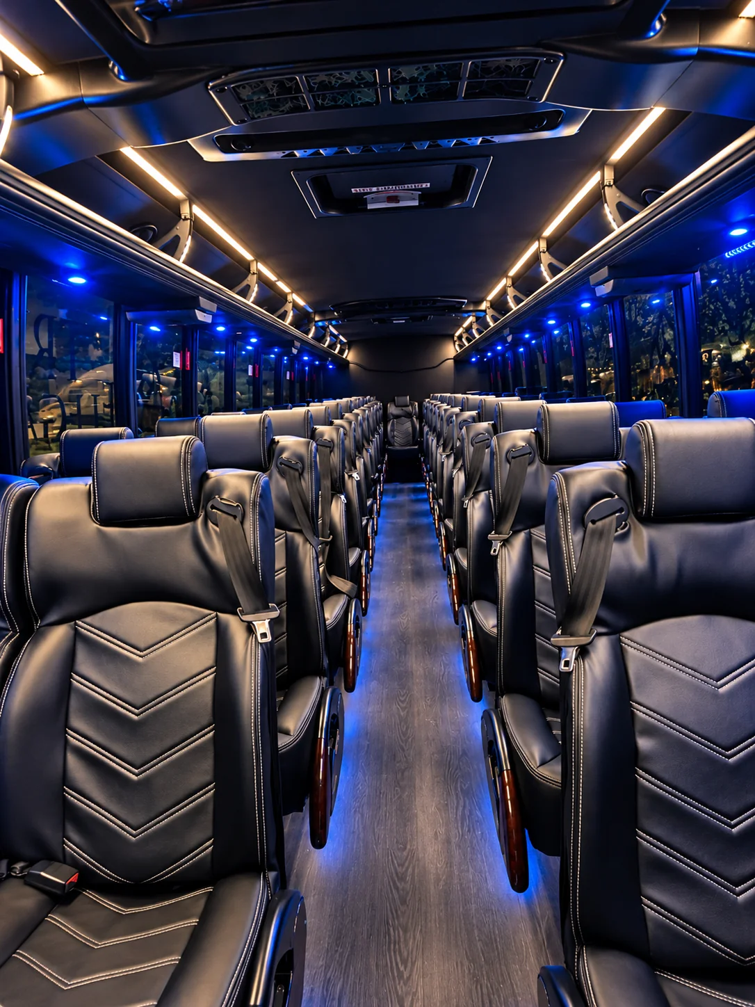 Executive bus interior — Tri-Valley charter bus and commuter shuttle service True Elegance executive bus interior with black leather seats, visible seatbelts, overhead racks and blue accent lighting, available for charter bus and commuter shuttle service in Tri-Valley, California