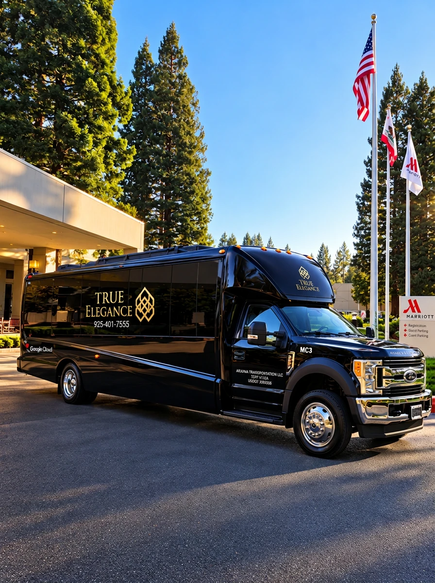 Shuttle bus in San Ramon, CA — True Elegance Black True Elegance executive shuttle bus outside a hotel, available for shuttle bus and private charter service in San Ramon, California