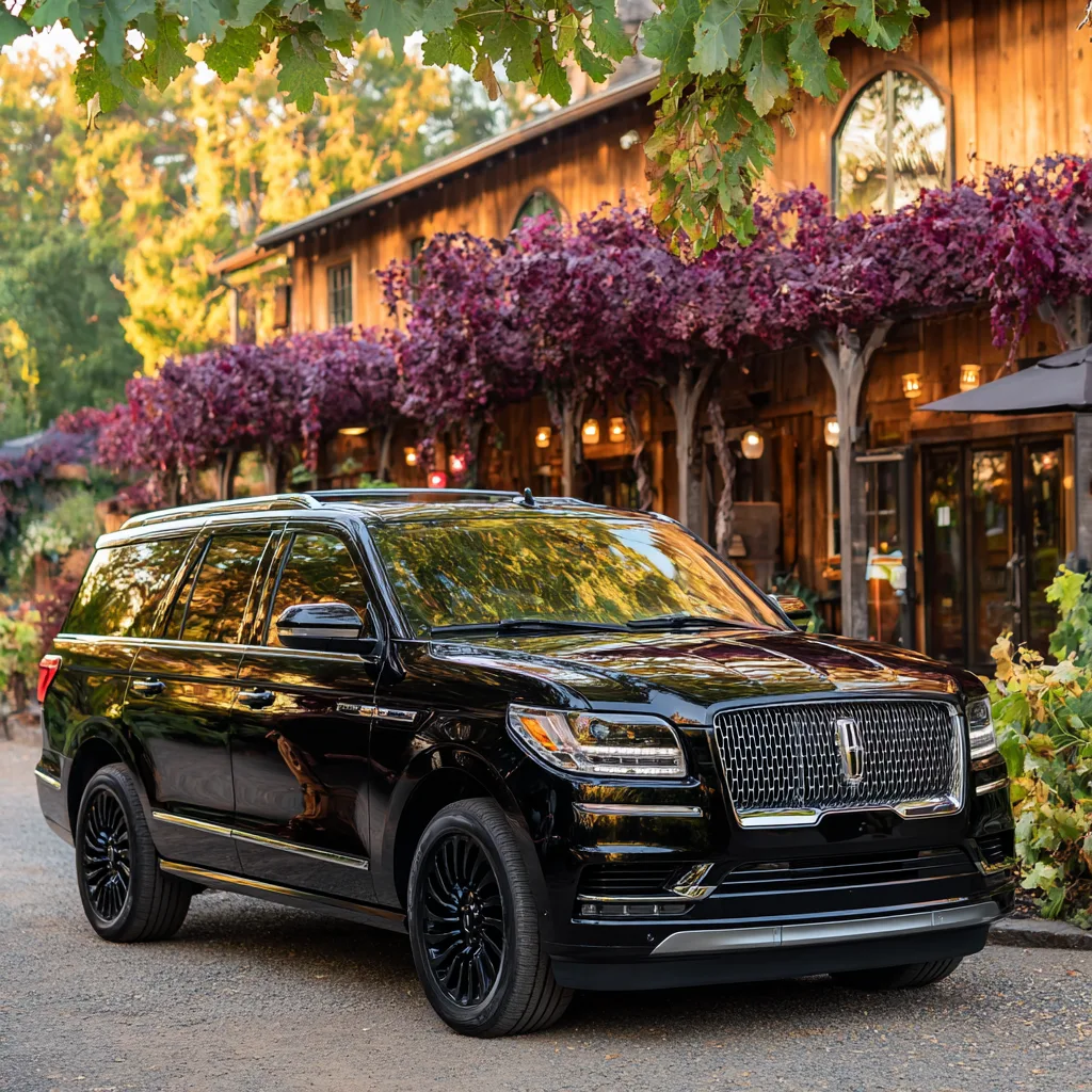 Lincoln Navigator SUV at a Napa Valley winery Black Lincoln Navigator luxury SUV arriving at a Napa Valley winery restaurant for private wine tour transportation