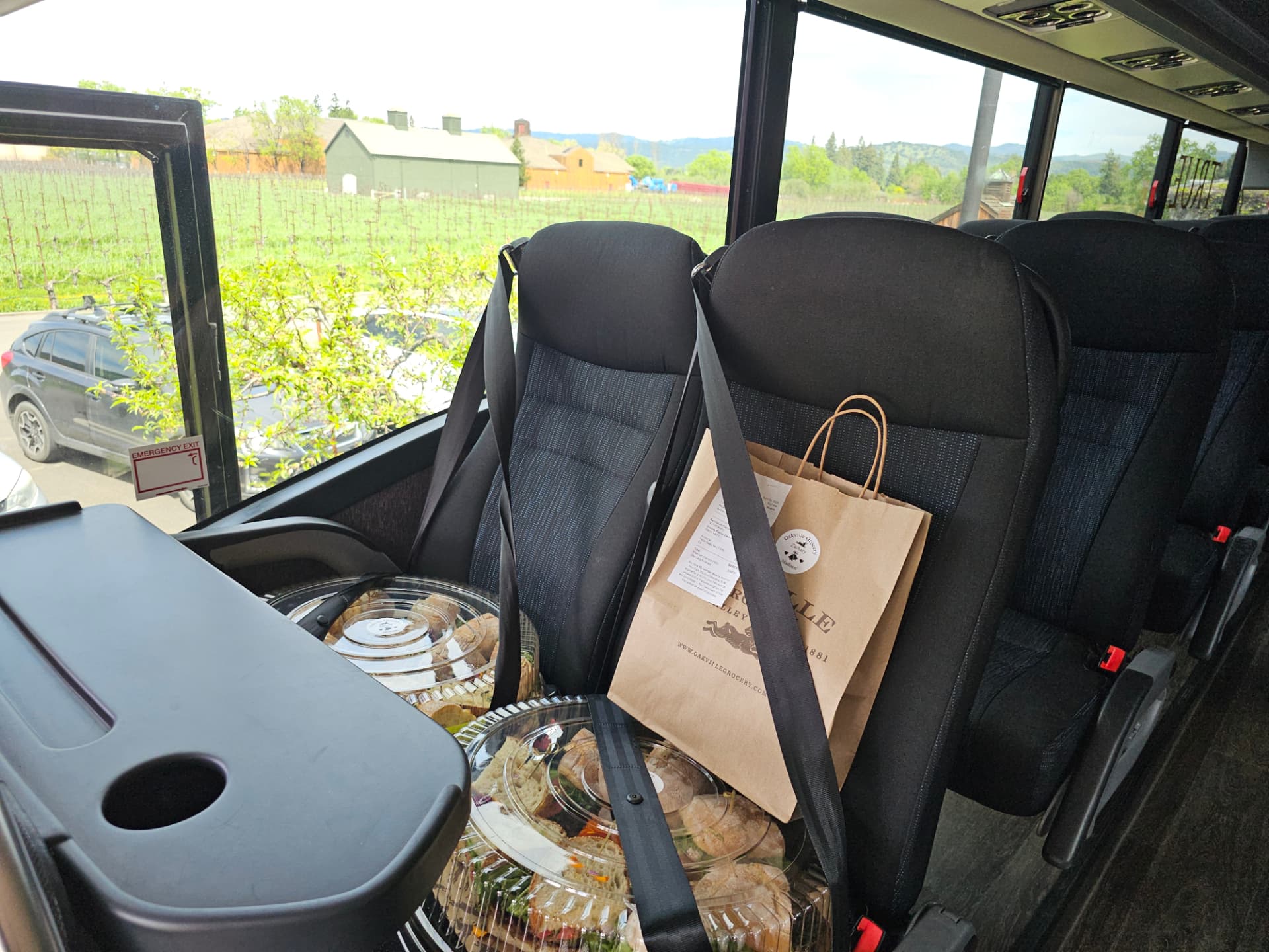 Wine tour picnic setup inside a True Elegance vehicle with Napa Valley vineyard views
