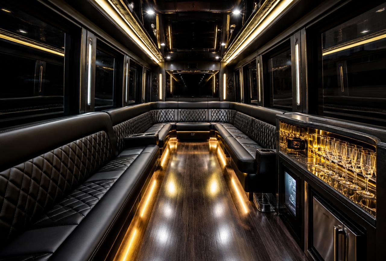 Interior of a Pleasanton party bus with black leather perimeter seating and gold LED lighting