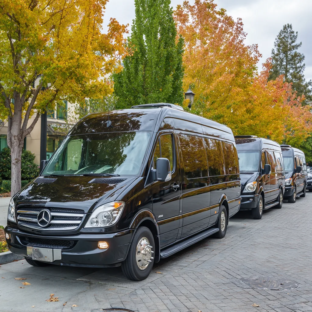 Fleet of True Elegance black Mercedes Sprinter executive vans lined up on a tree-lined street