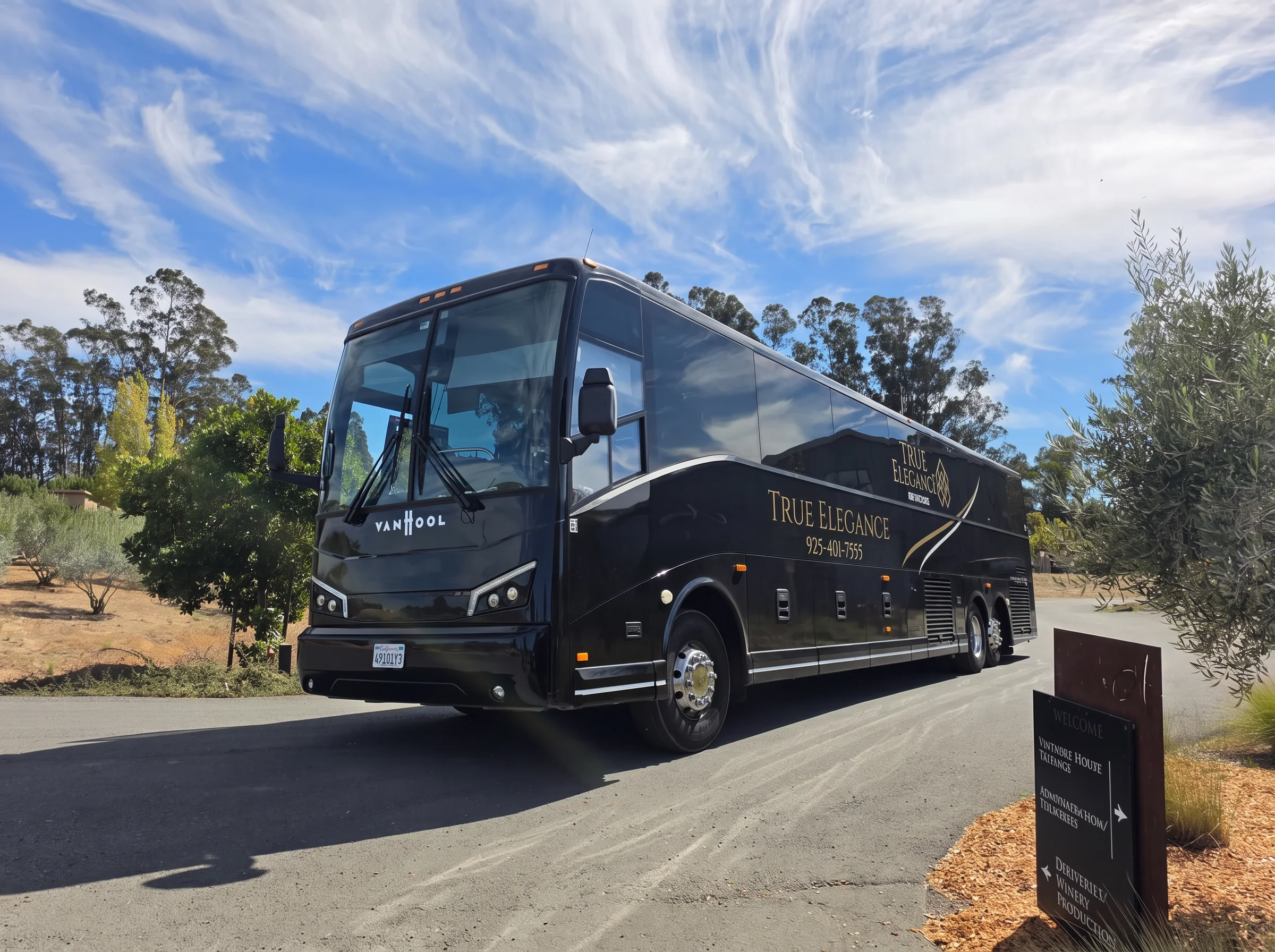 Tri-Valley winery motorcoach arrival Black True Elegance motorcoach arriving at a Tri-Valley winery for private group transportation